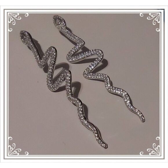 Trendy New Extra Long Silver Rhinestone Snake Design Earrings - Picture 2 of 4